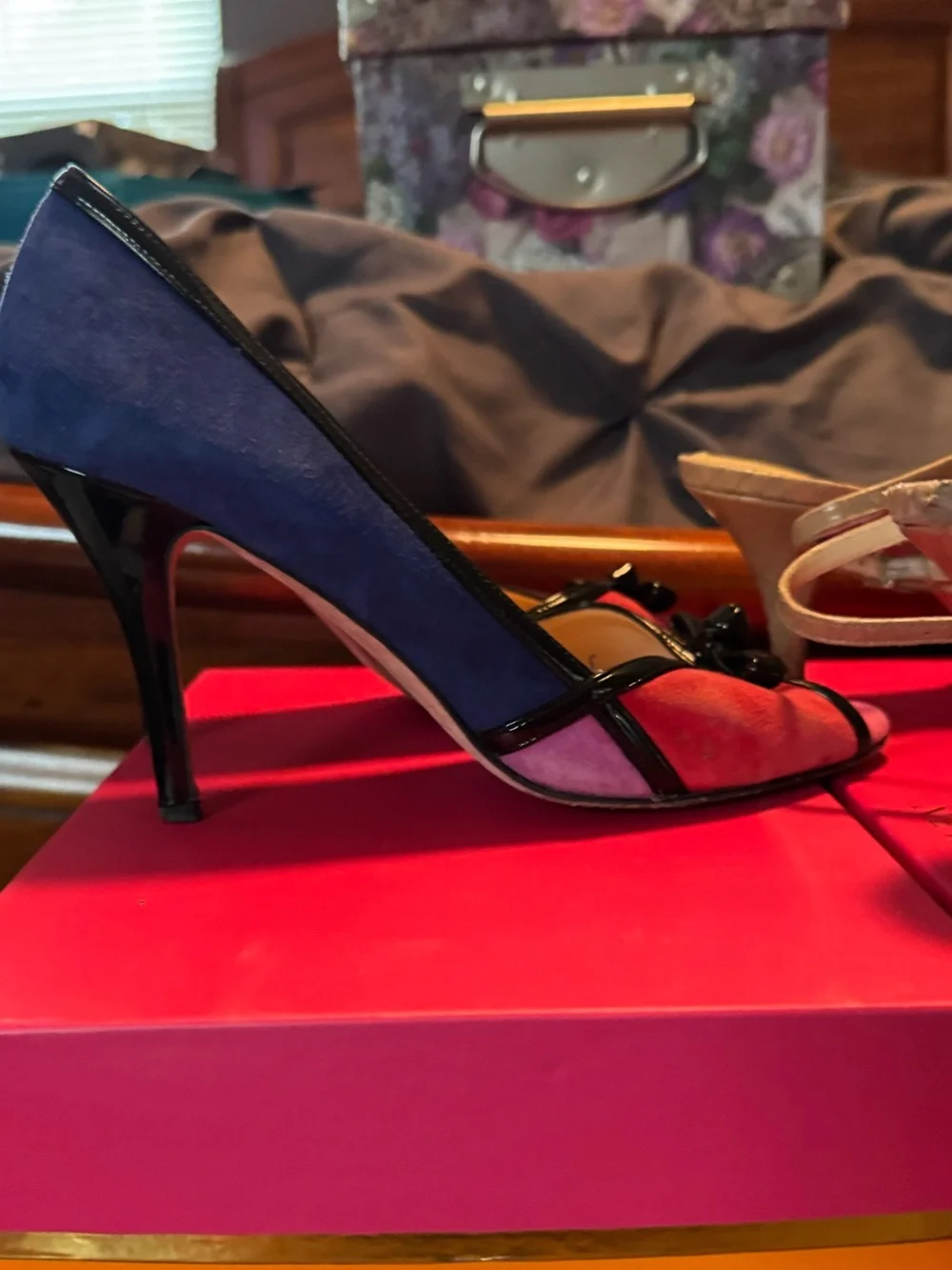 kate spade Cherry Pink and Navy Suede Peep-Toe Flats with Patent Trim